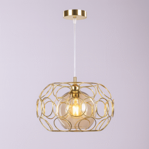 دلاية مودرن ذهبية بتصميم معدني دائري مع كرة زجاجية شفافة من نجفة شوب لإضاءة راقية وعصرية