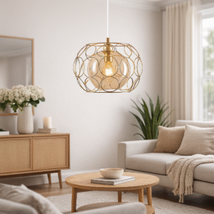 دلاية مودرن ذهبية بتصميم معدني دائري مع كرة زجاجية شفافة من نجفة شوب لإضاءة راقية وعصرية