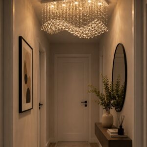 نجفة كريستال فضي أنيقة 6 لمبات بتصميم مودرن فاخر لإضاءة الريسبشن والسفرة