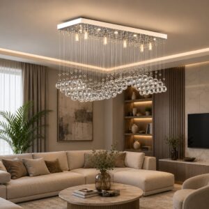 نجفة كريستال فضي أنيقة بتصميم مودرن فاخر لإضاءة الريسبشن وغرف السفرة