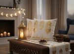 ⁦طقم ديكور رمضان فاخر بلمسات ذهبية – 2 كافر كوشن + رانر ترابيزة بتصميم إسلامي أنيق⁩ - الصورة ⁦3⁩
