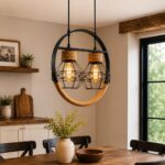 Boho Black Linen 2-Bulb Pendant | Hanging Light for Kitchen and Dining Room