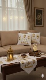 طقم ديكور رمضان فاخر – 2 كافر كوشن + رانر ترابيزة بتصميم إسلامي أنيق