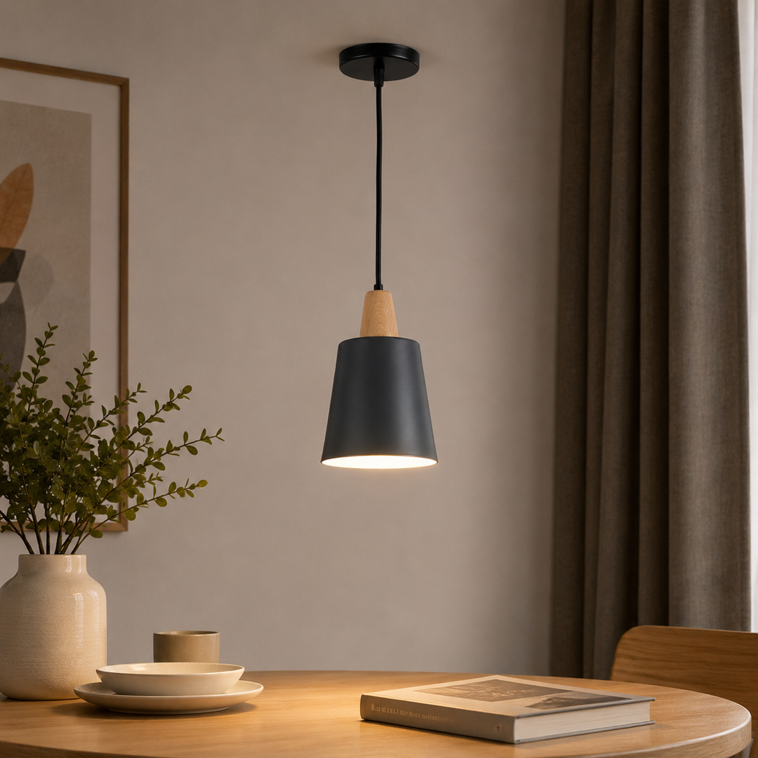 black-pendant-light-4wood-accent-modern.jpg دلاية سقف رمادي مودرن الومنيوم 1 لمبة - الصورة 1