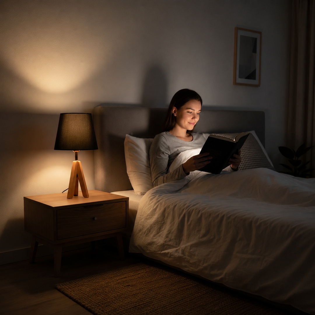 black-tripod-lamp-reading-bed-1080x1080 أباجورة طاولة مودرن خشب زان - الصورة 1