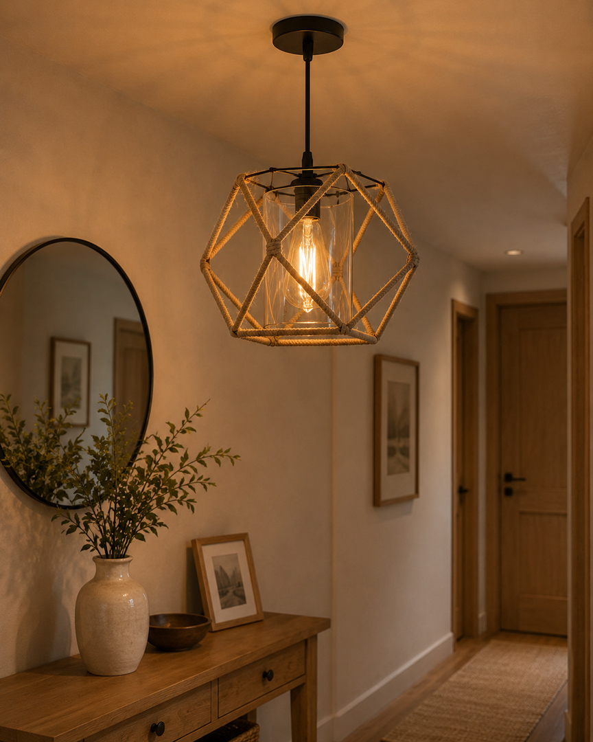boho-rope-geometric-pendant-light.jpg دلاية بوهو كتان سوداء 1 لمبة | إضاءة أنيقة للممرات و السفرة - الصورة 1