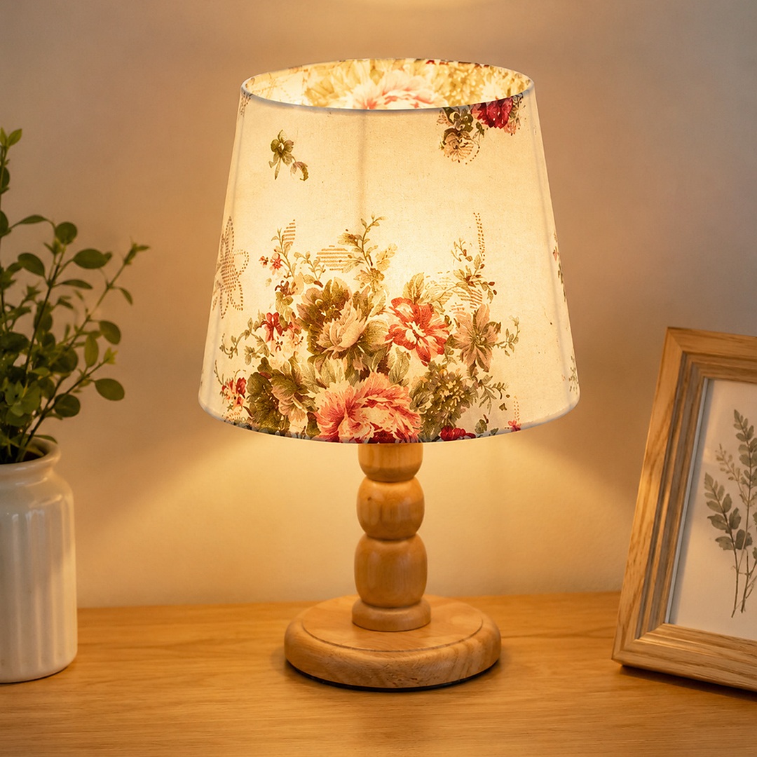 floral-fabric-shade-wood-table-lamp-1080x1080 أباجورة مكتب مودرن بيرلي خشب زان طبيعي | شابوه وردي - الصورة 1