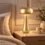 أباجورة طاولة ذهبية مودرن بتصميم فطر وقاعدة انسيابية باللون الشامبين وتشطيب ساتان لغرف النوم والريسبشن