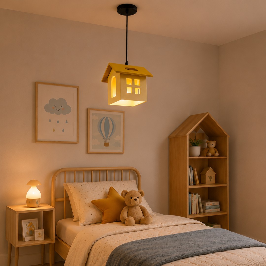 kids-house-pendant-light-bedroom-hallway.jpg دلاية هومو أطفال مودرن أصفر1 لمبة | إضاءة هادئة لغرف الأطفال والممرات - الصورة 1