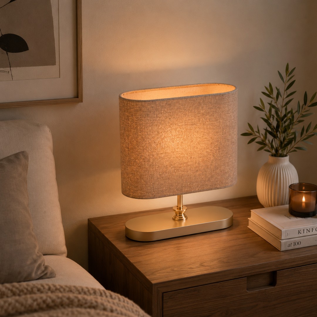 modern-beige-fabric-table-lamp-gold-base.jpg أباجورة كتان مودرن مارتينا بإضاءة دافئة - الصورة 1