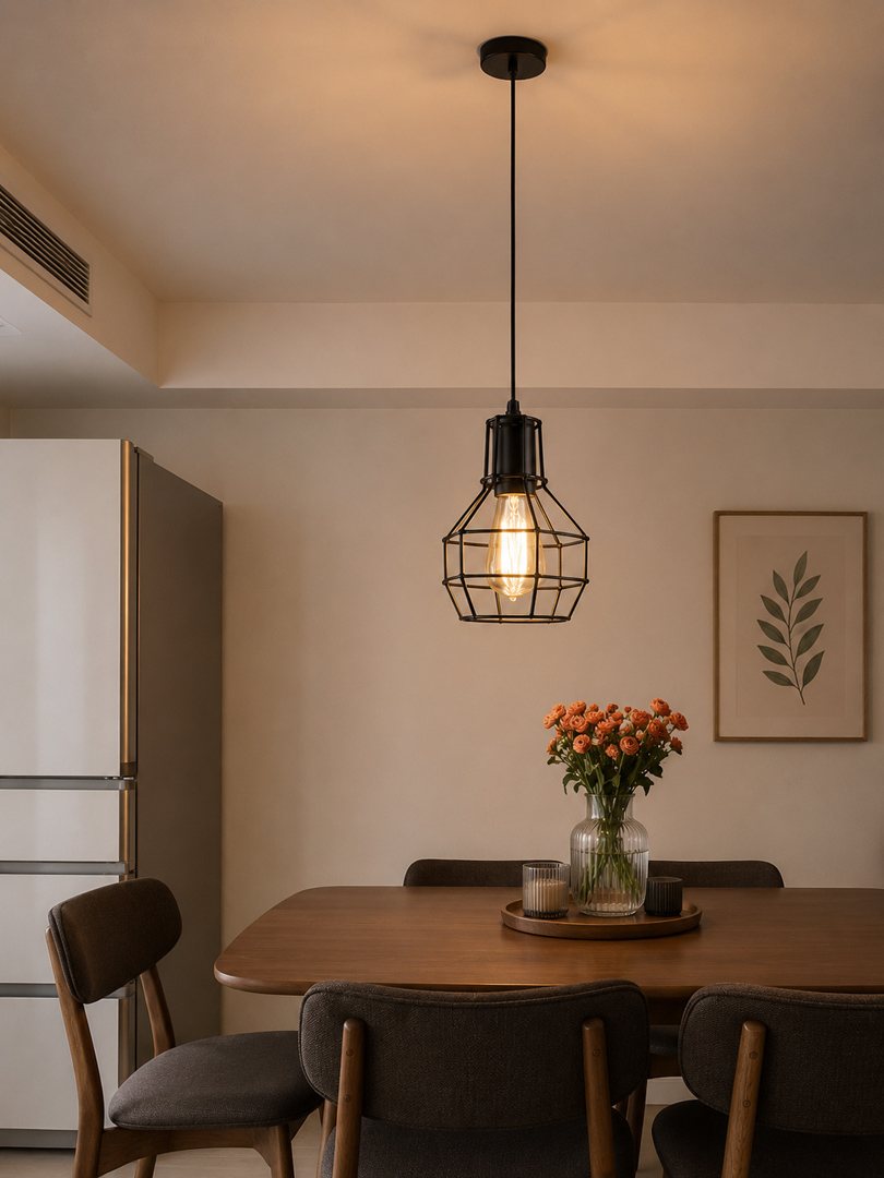 modern-black-cage-pendant-light.jpg دلاية سقف مودرن سوداء بتصميم هرمي | إضاءة ديكورية - الصورة 1