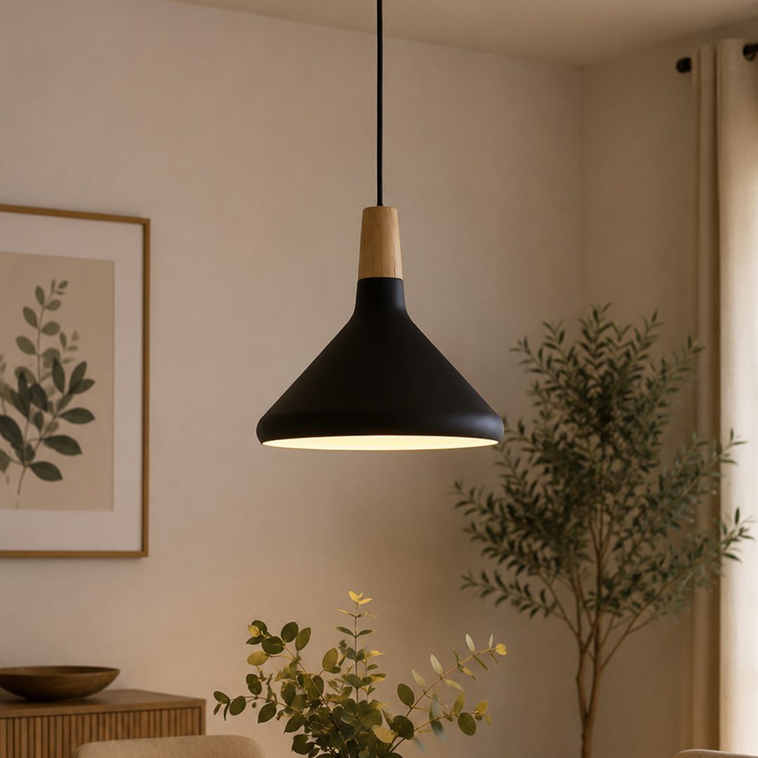modern-black-wood-pendant-light-web-1080x1080-1.jpg دلاية سقف مودرن سوداء 1 لمبة من الألومنيوم |إضاءة مميزة للمنازل والكافيهات - الصورة 1