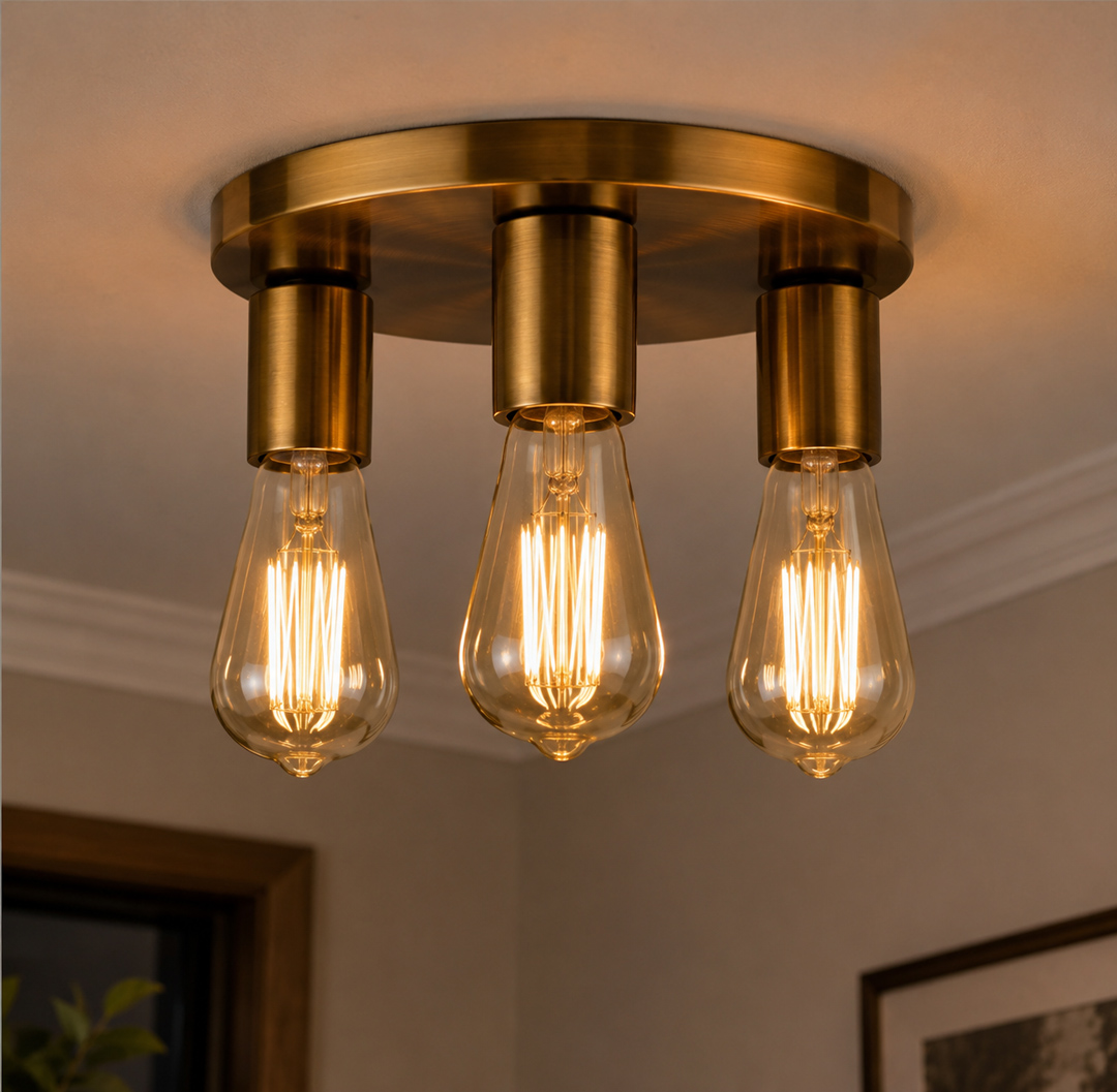 modern-brass-3-light-semi-flush-ceiling-light.jpg نجفة سقف مودرن تيتانيوم جولد 3 لمبات | إضاءة أنيقة - الصورة 1