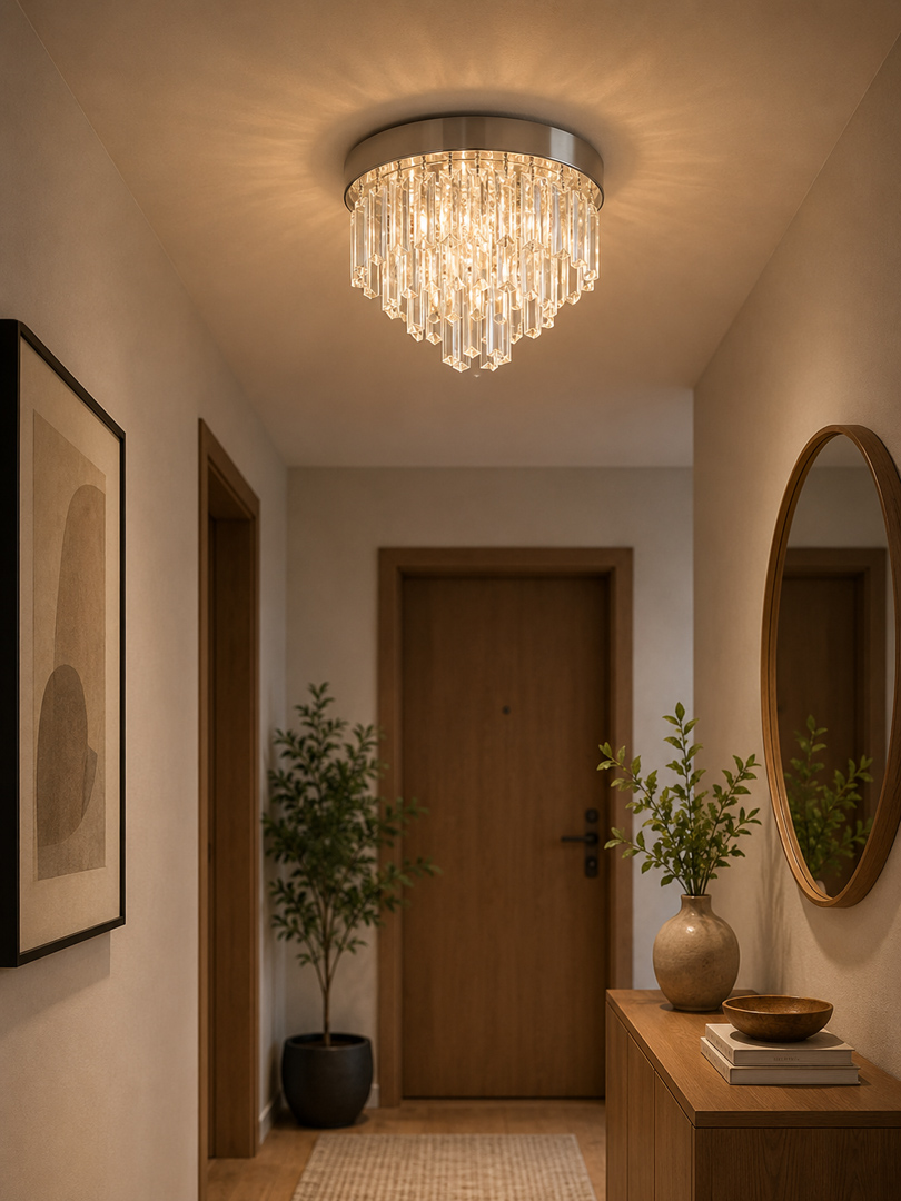 modern-crystal-flush-mount-chandelier-1.jpg نجفة كريستال باونتي دائرية فضية مودرن | إضاءة راقية - الصورة 1