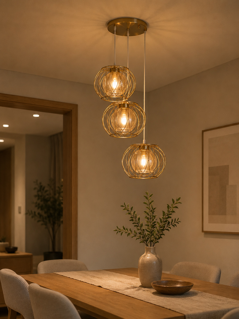 modern-gold-3-light-pendant-chandelier-1.jpg دلاية سقف مودرن ذهبية 3 لمبات |إضاءة عصرية للممرات والبار - الصورة 1