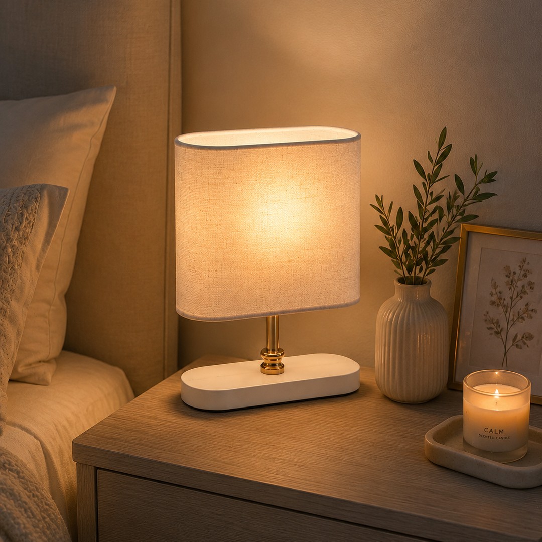 modern-white-table-lamp-beige-shade.jpg أباجورة مودرن أبيض مع شابوه بيج رواند - الصورة 1