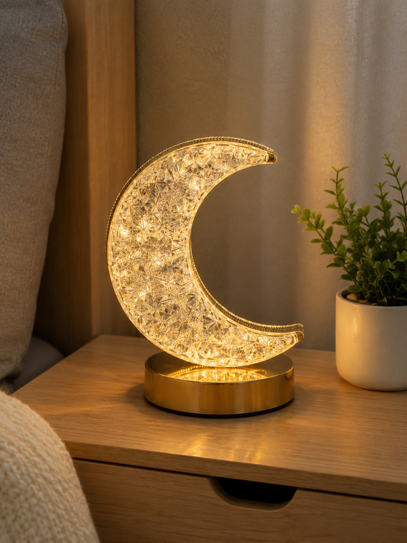 moon-crystal-led-table-lamp.jpg أباجورة هلال LED ثلاثية الألوان | إضاءة دافئة لغرفة النوم والديكور - الصورة 1