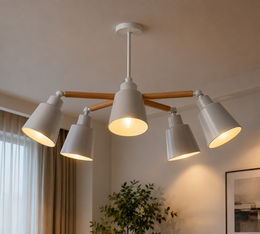 pendant-light-modern-white-5-lights-wood.jp_-1.jpg نجفة مودرن أبيض 5 لمبات | الومنيوم خشب اضاءة مميزة - الصورة 1