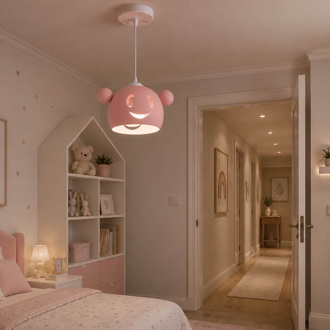 pink-bear-pendant-light-kids-bedroom.jpg نجفة أطفال مودرن شكل دبدوب وردي 1لمبة - الصورة 1