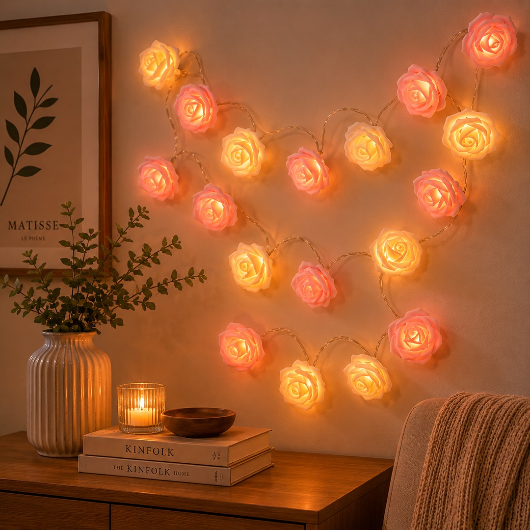 pink-rose-led-string-lights.jpg فرع ورد أبيض وبينك 20 لمبة LED بفيشة | ديكور مضيء اضاءة هادئةو موفر للطاقة - الصورة 1