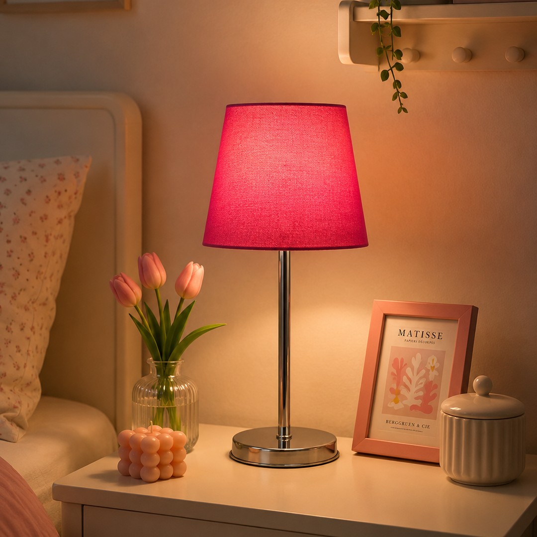 pink-table-lamp-chrome-base.jpg أباجورة نافي مودرن بإضاءة أنيقة مع شابوه فوشيا - الصورة 1