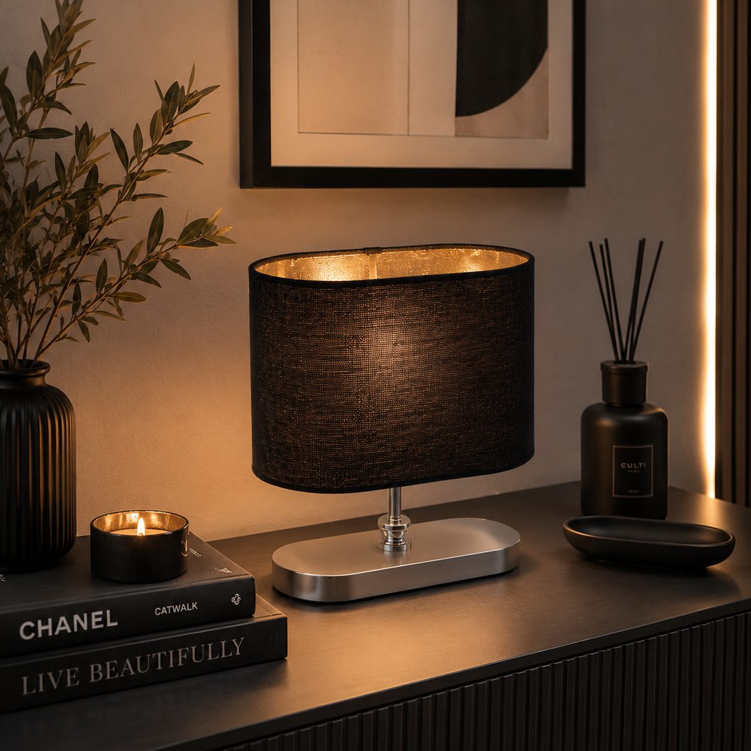 rawany-modern-table-lamp-tb62-s-bk.jpg أباجورة مودرن رواني سيلفر بشابوه أسود أنيق - الصورة 1