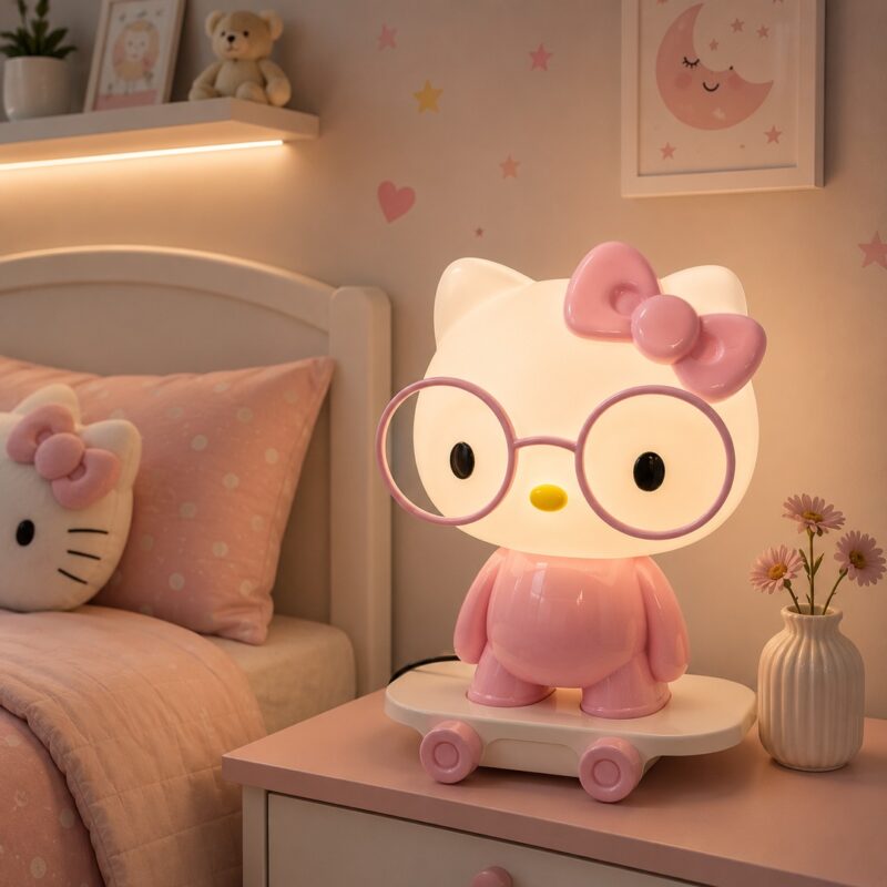 Pink cat LED kids' lamp with glasses and bow on a white desk