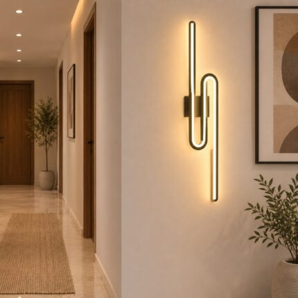 أبليك حائط ليد مودرن أسود بتصميم خطي هندسي وإضاءة دافئة داخل ممر مودرن