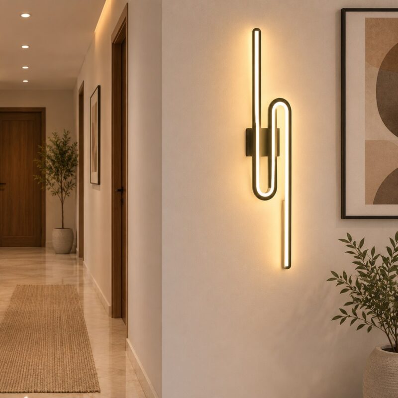 أبليك حائط ليد مودرن أسود بتصميم خطي هندسي وإضاءة دافئة داخل ممر مودرن