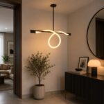دلاية ليد مودرن سوداء بتصميم حلقة منحنية وإضاءة دافئة داخل مدخل مودرن