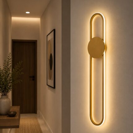 أبليك حائط ليد مودرن ذهبي بتصميم بيضاوي طويل وإضاءة دافئة داخل ممر مودرن