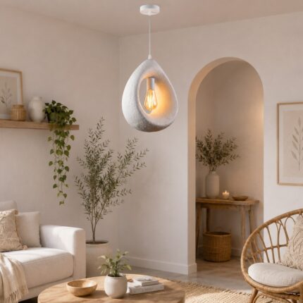 دلاية سقف مودرن بيضاء بتصميم قطرة وإضاءة دافئة داخل غرفة معيشة مودرن