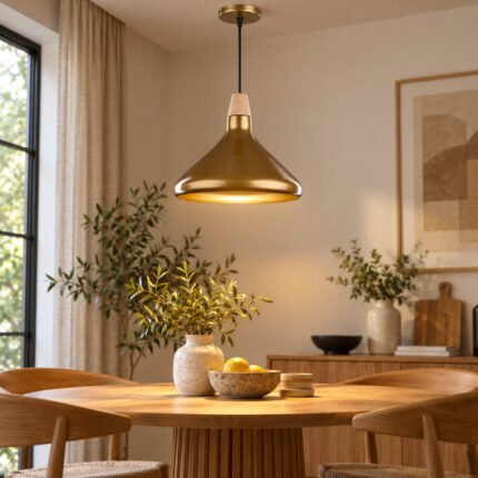 دلاية سقف مودرن ذهبي غامق بتصميم مخروطي وتفاصيل خشبية